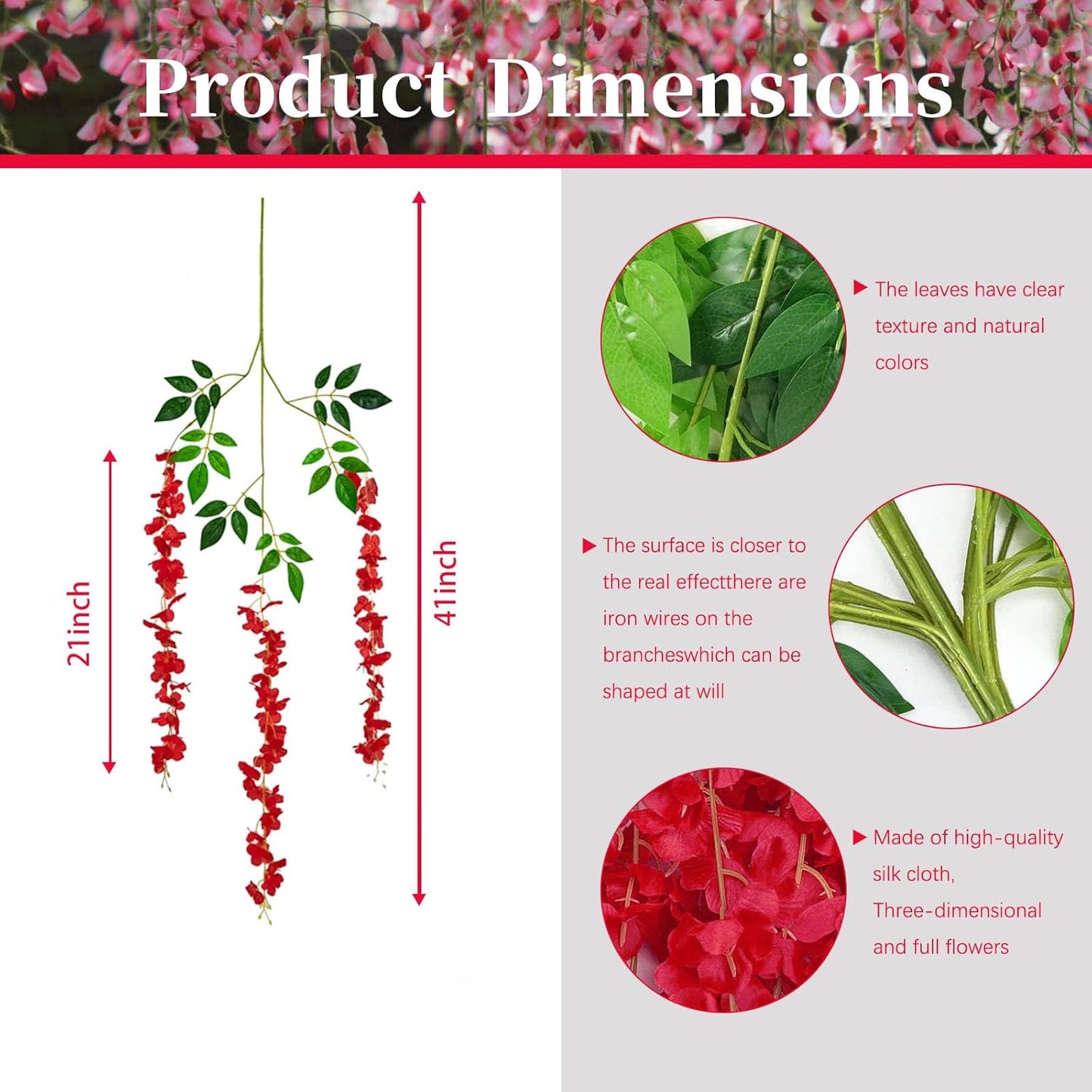 5 Pack Red Wisteria Hanging Flowers, 3.44 Ft Fake Hanging Flowers, Artificial Wisteria Garland Vines for Wedding Room Backdrop Outdoor Patio Garden Decoration