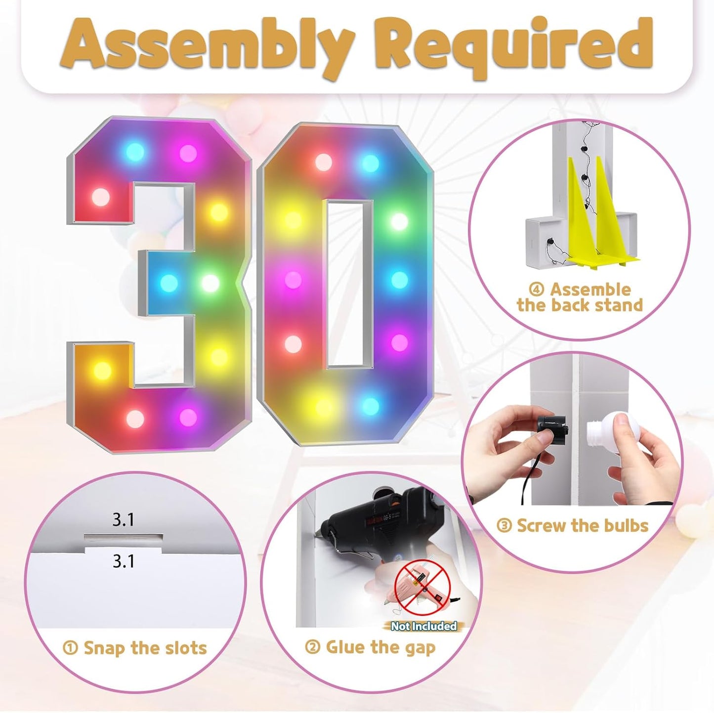 Marquee Numbers Colorful 30th-Birthday Decoration: 4FT Large Light Up 30 Year Old Birthday Decorations Anniversary Backdrop for Men Women Cardboard White Sign 18 Colors Number 30 Mosaic Balloon Frame