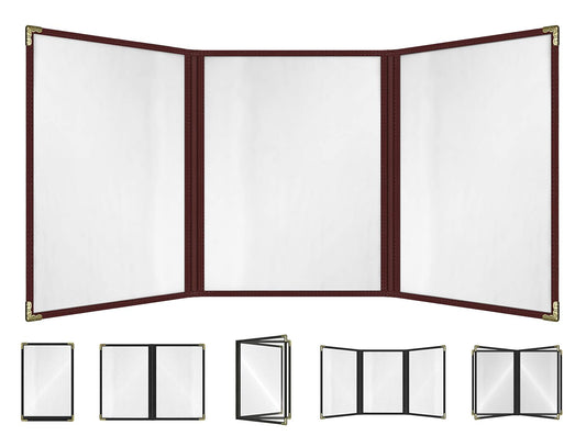 Goodsmart Restaurant Menu Covers – 25 Pack Burgundy 6-View Trifold 8.5" x 11", Side-Loading Vinyl & Plastic Menu Holders, Clear Menu Sleeves, Leather-Style Café Covers with Gold Corners