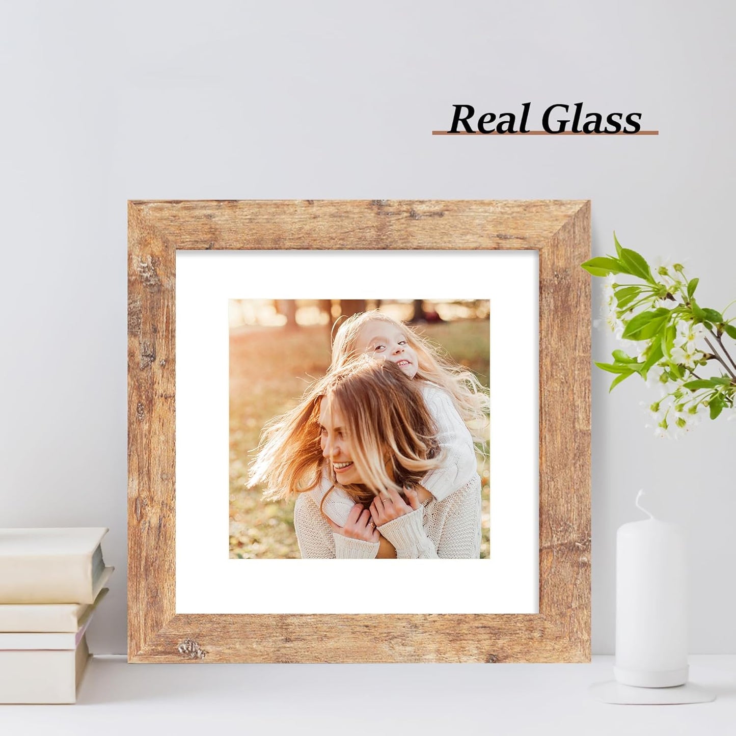 8x8 Picture Frame Set of 4 with HD Glass, Display 6x6 Pictures with Mat or 8 x 8 Without Mat, Square Wood Photo Frame for Wall Mount and Tabletop Display