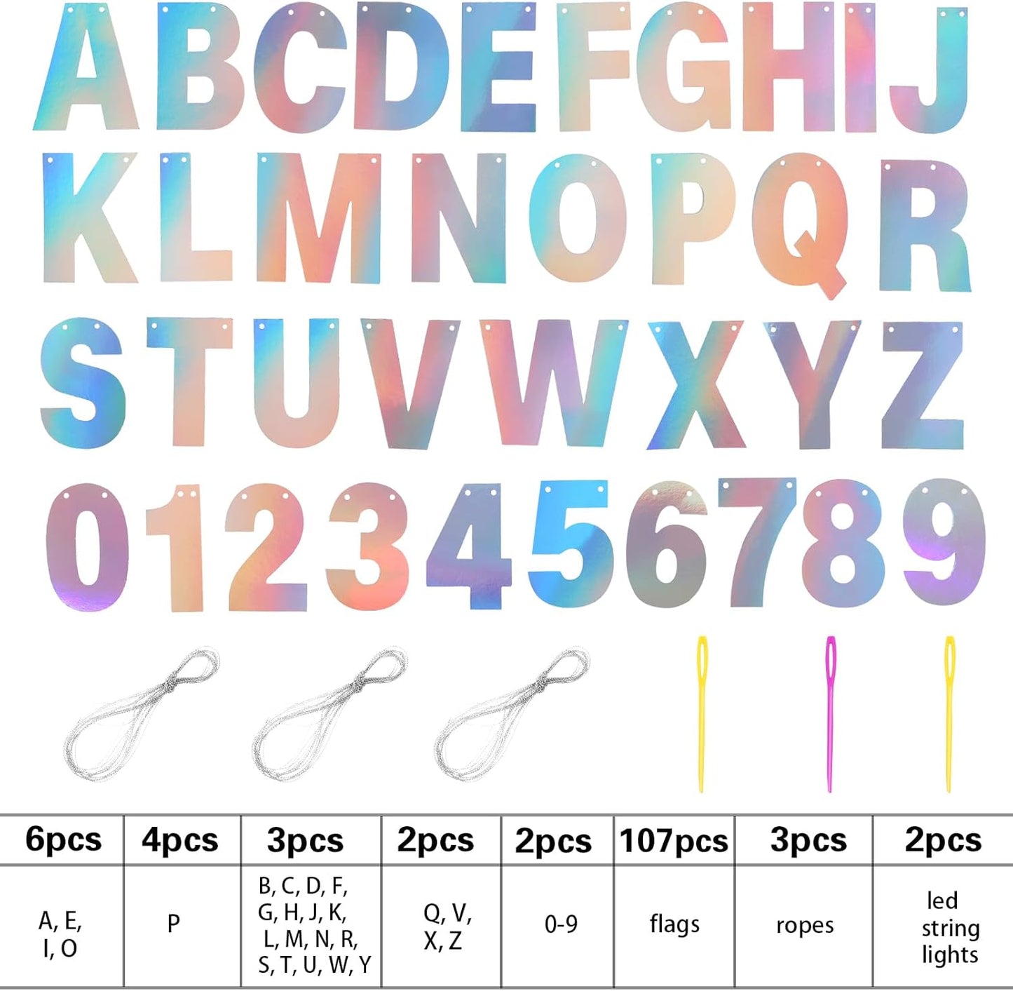 TaoBary 112 Pcs DIY Letter Custom Banner Glitter Customizable Banner Kit Including 107 Letters and Numbers 3 Rope for Valentine Birthday Party(Holographic)