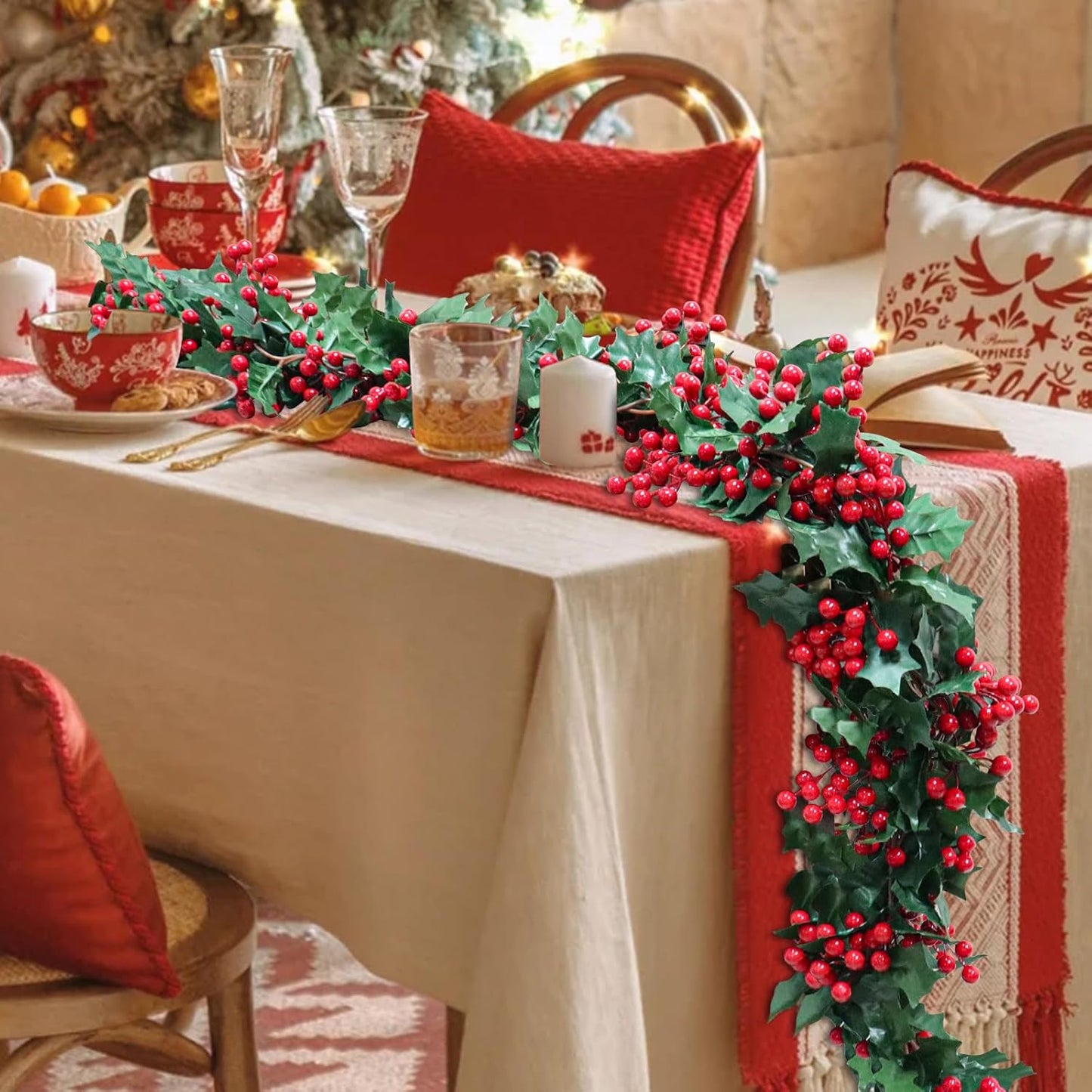 Uguisu 5.6ft Red Artificial Christmas Garland,Eucalyptus Green Garland with Berry Flower Clusters,Artificial Vines for Backdrops, Fireplaces,Dining Tables,Christmas Parties,Indoor and Outdoor Decor.