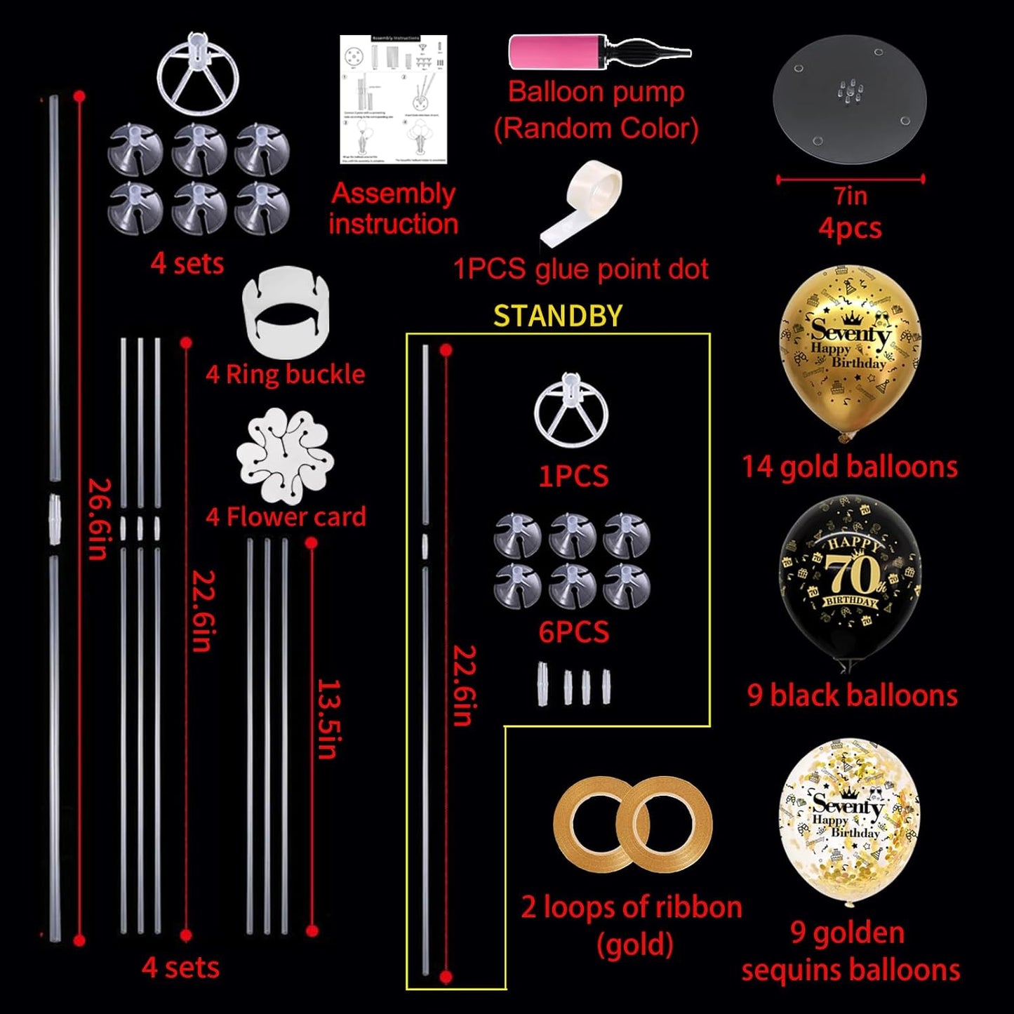 TONIFUL 4 Set Black Gold Balloon Stand Kit for Birthday Decorations for 70th,Balloon Centerpieces for Table Party Decorations Cheers to 70 Years Old Birthday for Men and Women