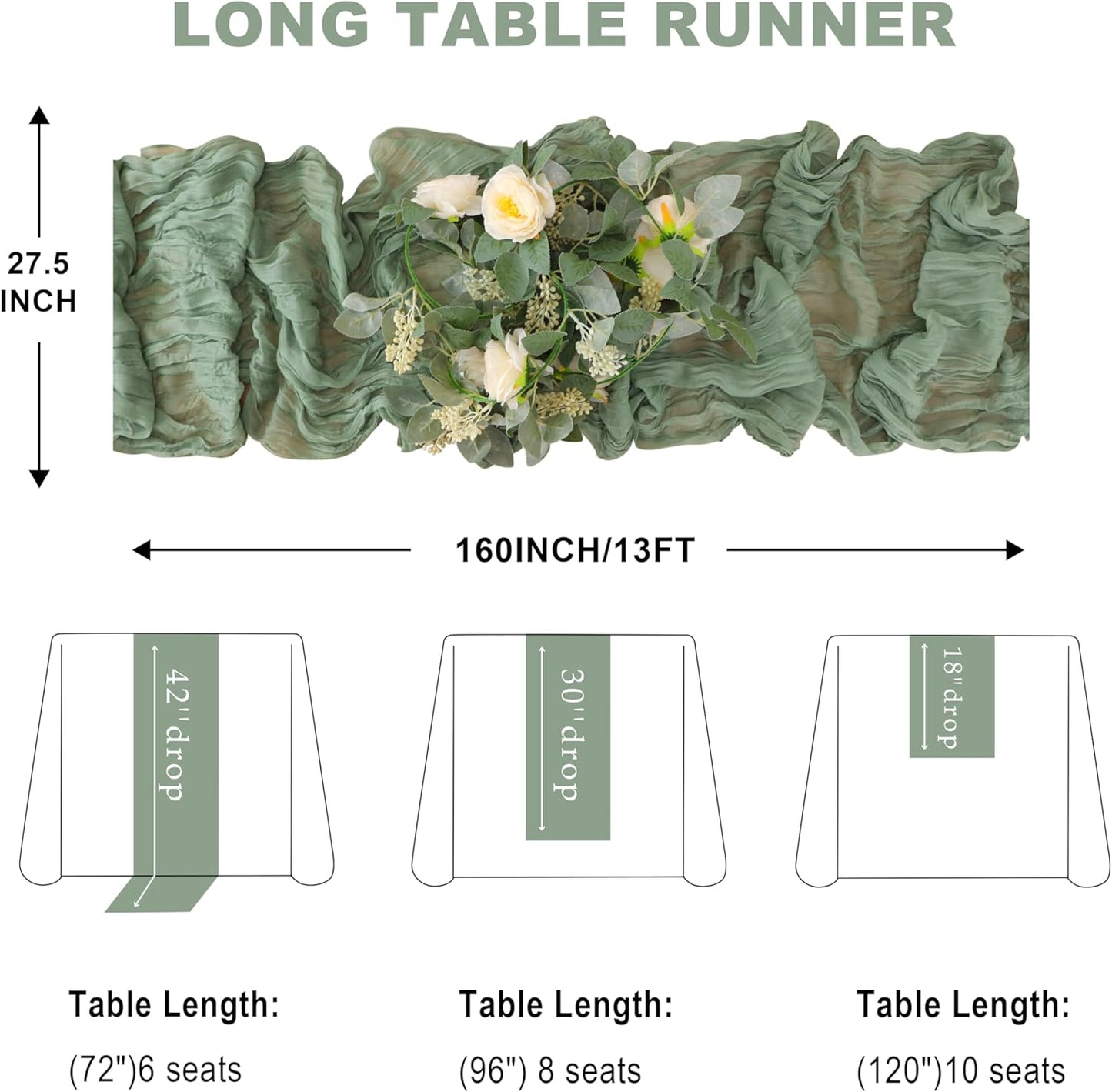 Snowkingdom Sage Green Cheesecloth Table Runner, 160 Inch 13 Ft Rustic Boho Sheer Gauze Cheese Cloth Runner for Wedding Bridal Baby Shower Birthday Home Party Table Centerpiece Deocrations