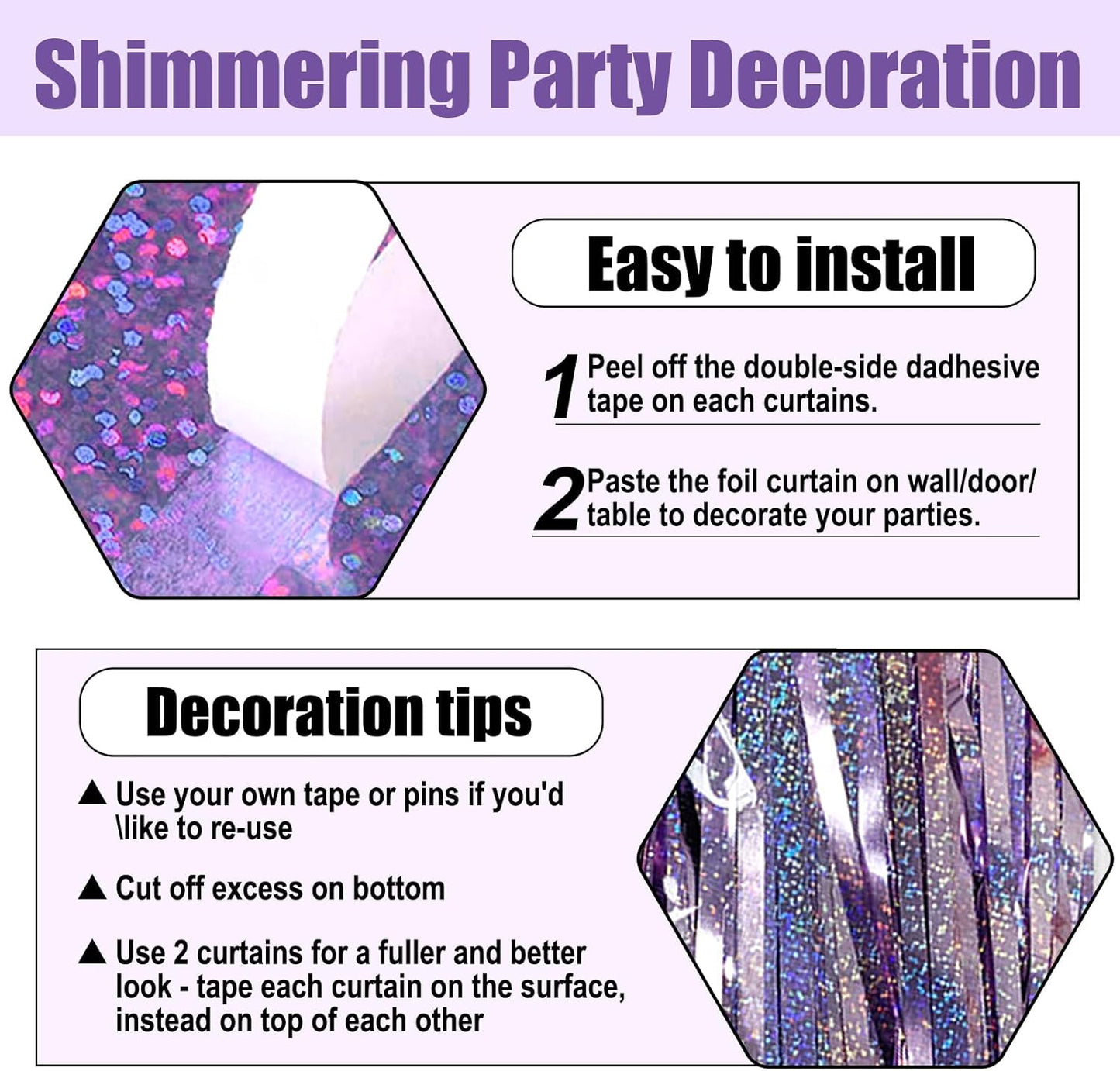 3 Pack Light Purple Foil Fringe Curtain Backdrop, 3.28Ft x 8.2Ft Metallic Tinsel Foil Fringe Streamer Curtains for Photo Booth, Mother's Day, Easter, Birthday, Wedding Party Decorations