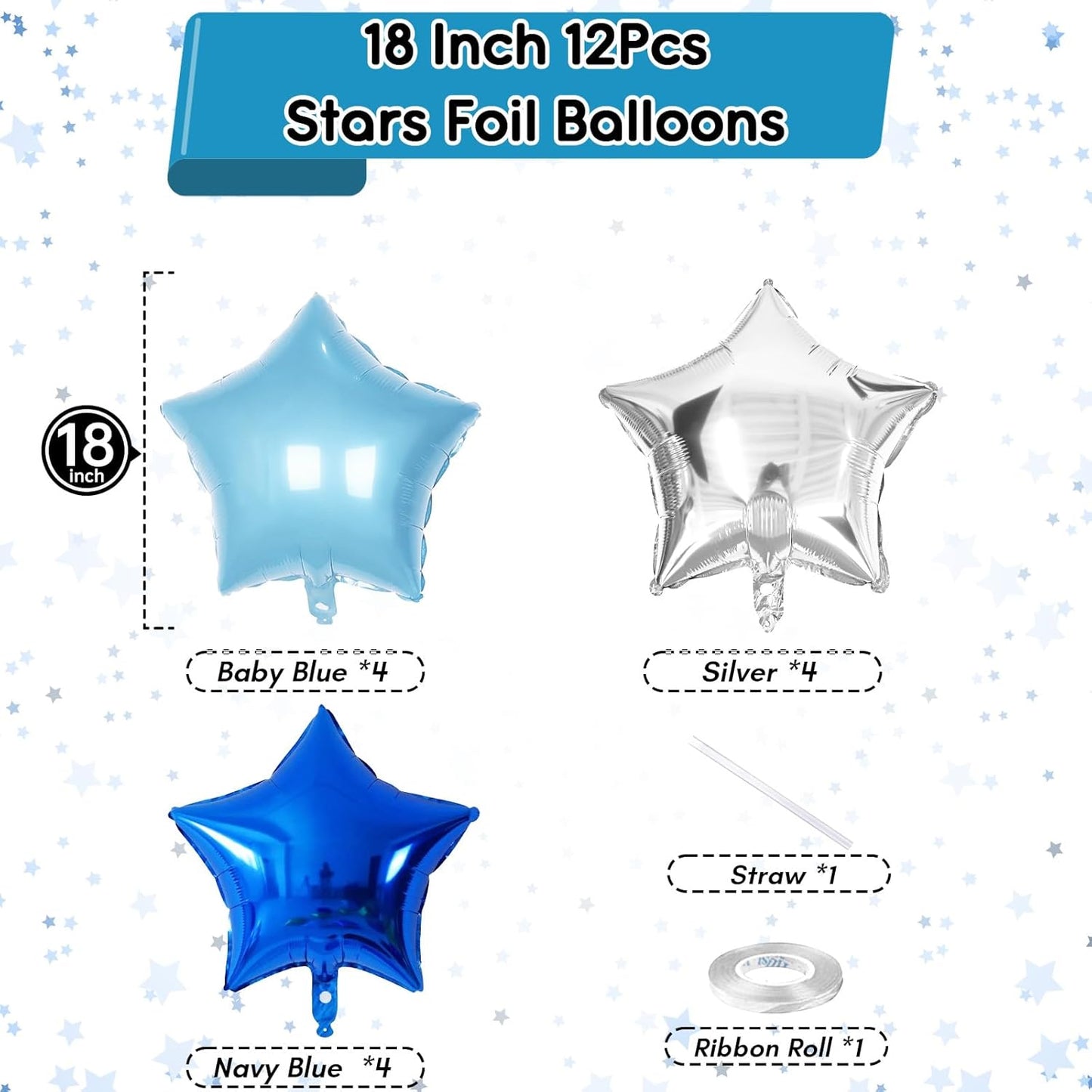 Blue Star Foil Balloons, 18 Inch Royal Blue Silver Stars Shape Mylar Helium Balloons 12 Pcs Large Light Blue Silver Pentagram Balloons Party Decoration for Birthday Graduation Baby Shower