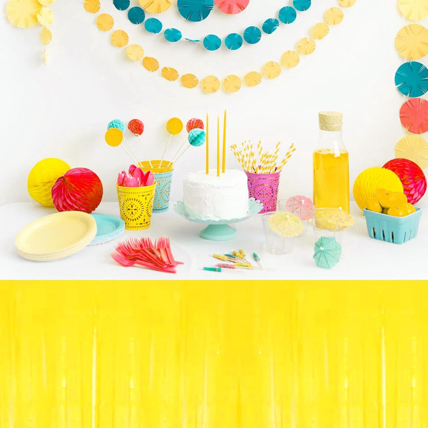 3 Pack 29 x108 Inch Macaron Yellow Foil Fringe Table Skirts Metallic Banner for Tinsel Streamer Garland Backdrop for Parade Floats Wedding Thanksgiving Birthday Christmas New Year Party Decoration