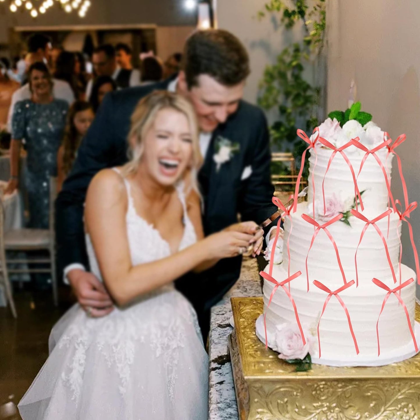 Ephlyn 30Pcs Bow Cupcake Toppers Valentine's Bowknot Ribbons Coquette Bow High Footed Cup Balloon Wall Party Decorations Cake Dessert Picks Baby Girl Birthday Wedding Party Supplies Peach Pink