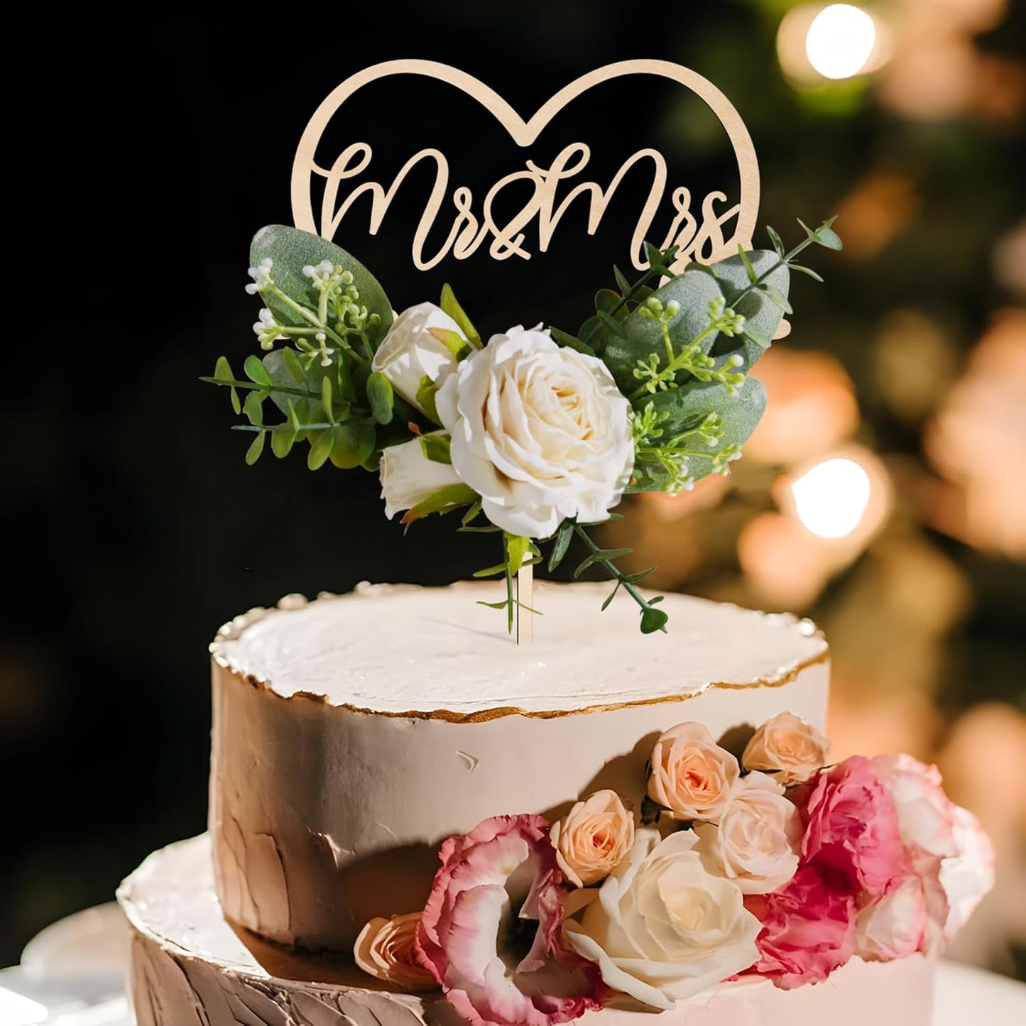 Mr & Mrs Wedding Cake Topper in Wood Heart Cake Topper with Flowers and Leaves