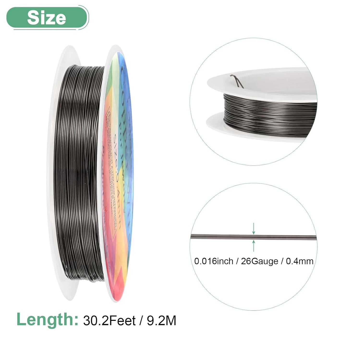 0.4 mm/26 Gauge Copper Wire for Jewelry Making, 30.2FT Copper Beading Craft Wire for Jewelry/Weaving/DIY Crafting/Planting, Color-Retaining [9.2M, Metallic Black]