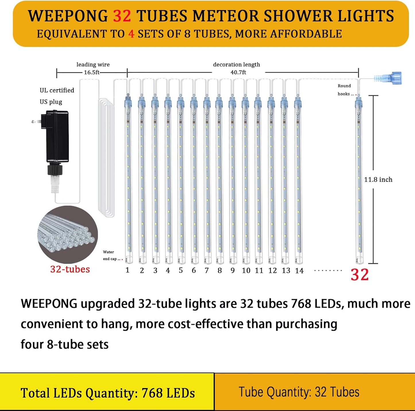 Meteor Shower Outdoor Christmas Lights 32 Tube 768LEDs Snow Falling Rain Cascading Icicle Light for Christmas Halloween Tree Decorations Wedding Party Garden Decor, UL Plug Multi Color