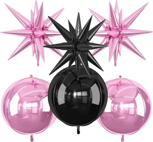 6Pcs Pink Black Foil Balloons,22Inch Black and Pink 4D Round Ball Balloon and Explosion Star Balloon for Birthday Wedding Baby Shower Anniversary Party Party Decorations
