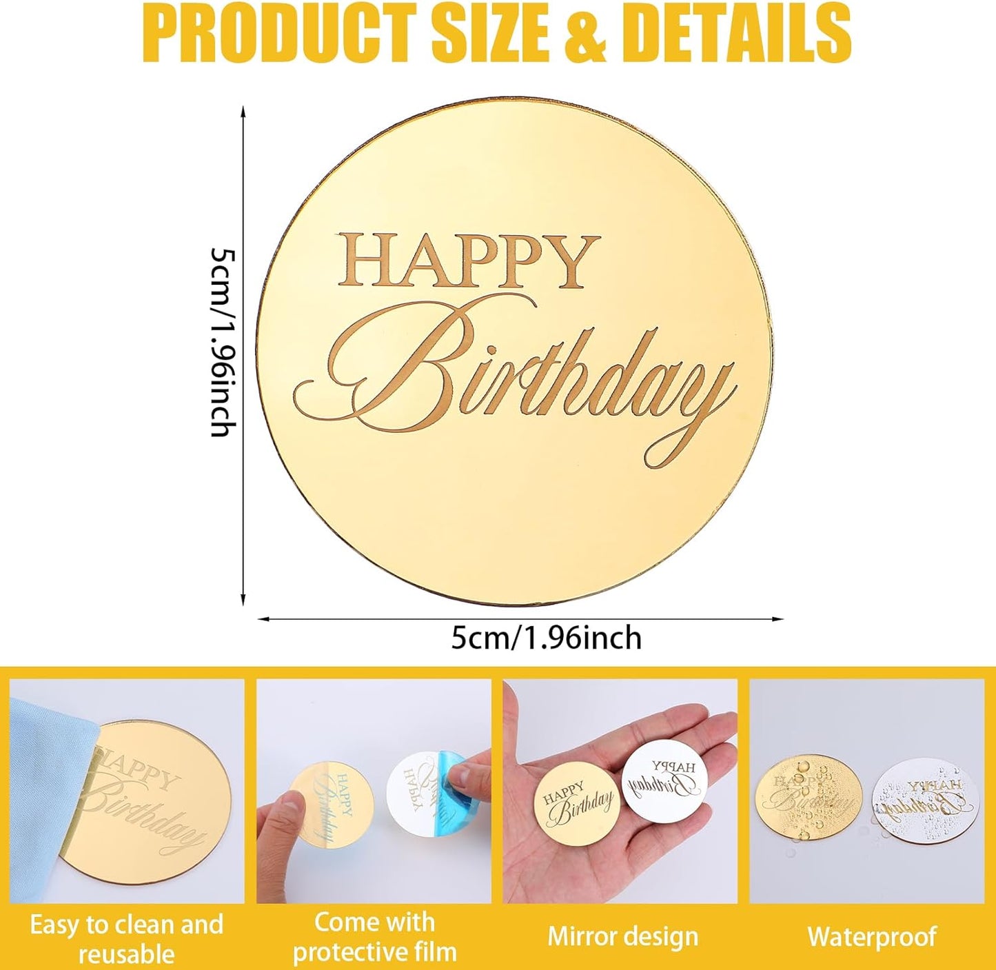 Mirror Round Cupcake Toppers Acrylic Circle Happy Birthday Cupcake Toppers, 20PCS Happy Birthday Cake Decorations, Round Engraved Cake Picks, Reusable Party Supplies, Gold