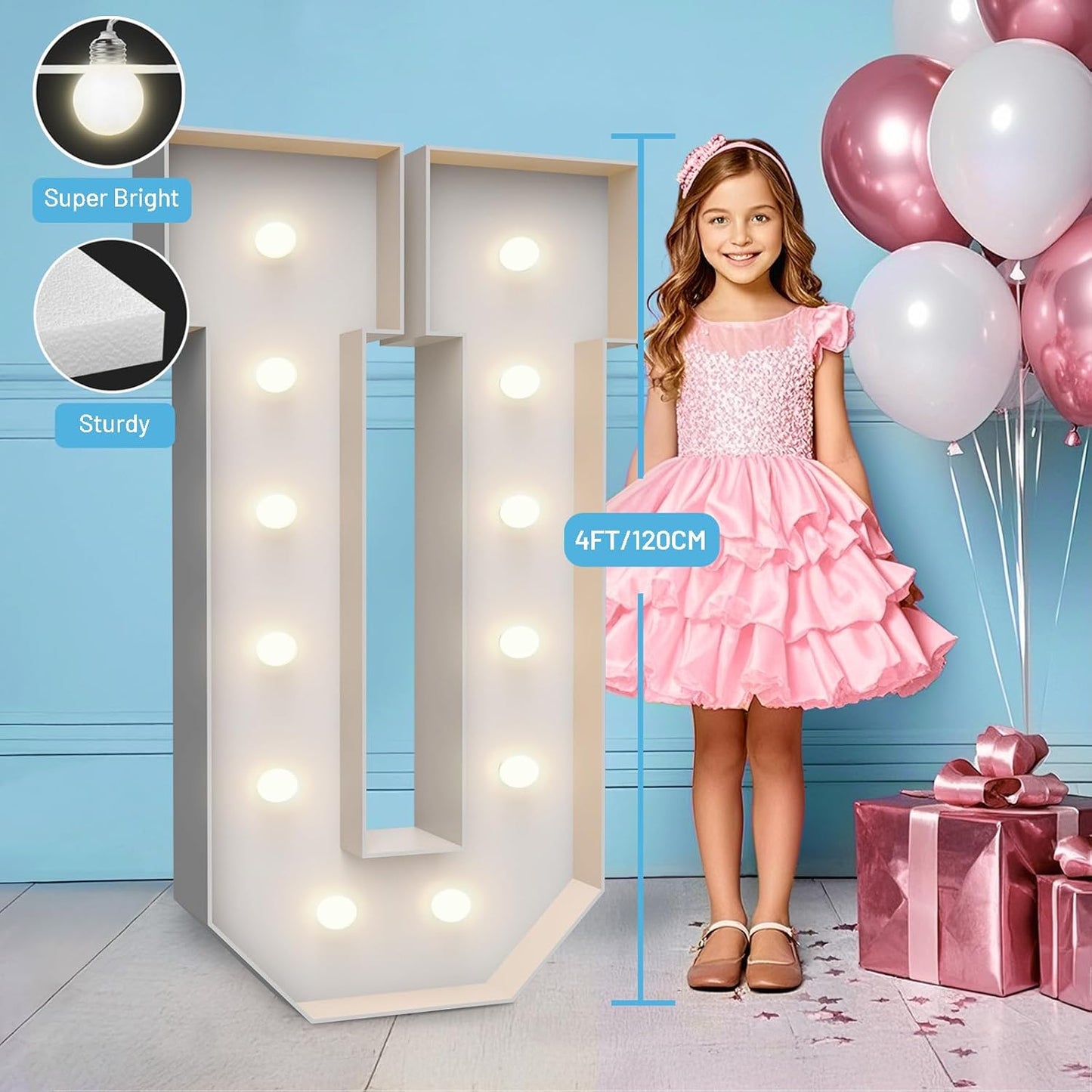 4FT Marquee Light Up Letters U,Party Decoration Large Marquee Light Up Letters with Weighted Water Bag,Pre-cut Foam Board Set Can Be Used for Birthdays,Weddings,Baby Anniversaries
