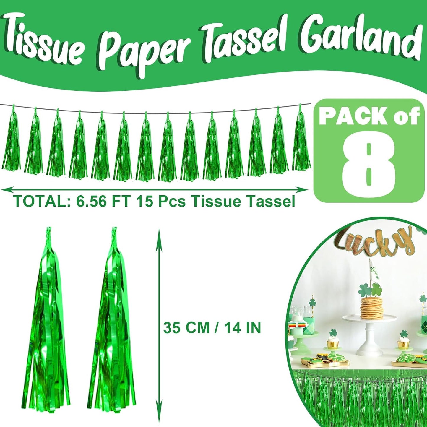 8P Green Foil Fringe Metallic Tassel Streamers Banner Tassel Garland for Parade Floats, Bachelorette, Wedding, Birthday, Halloween, Christmas, Bridal/Baby Shower Party Decorations