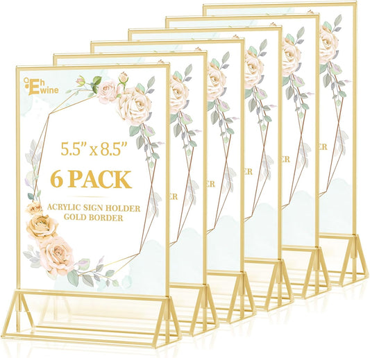 EHWINE 6 Pack Acrylic Sign Holder 5.5 x 8.5, Double Sided Gold Picture Frame Stand up Table Top Sign Holders, Clear Display Stand Menu Flyer Holder for Wedding Party