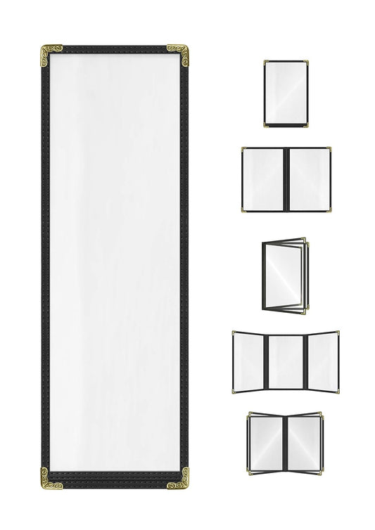 Goodsmart Restaurant Menu Covers - 25 Pack Black 1-Page/2-View 4.25" x 14", Top-Loading Vinyl Menu Holders with Clear Sleeves, Double-Stitched Edge, Leather-Style Café Covers with Gold Corners