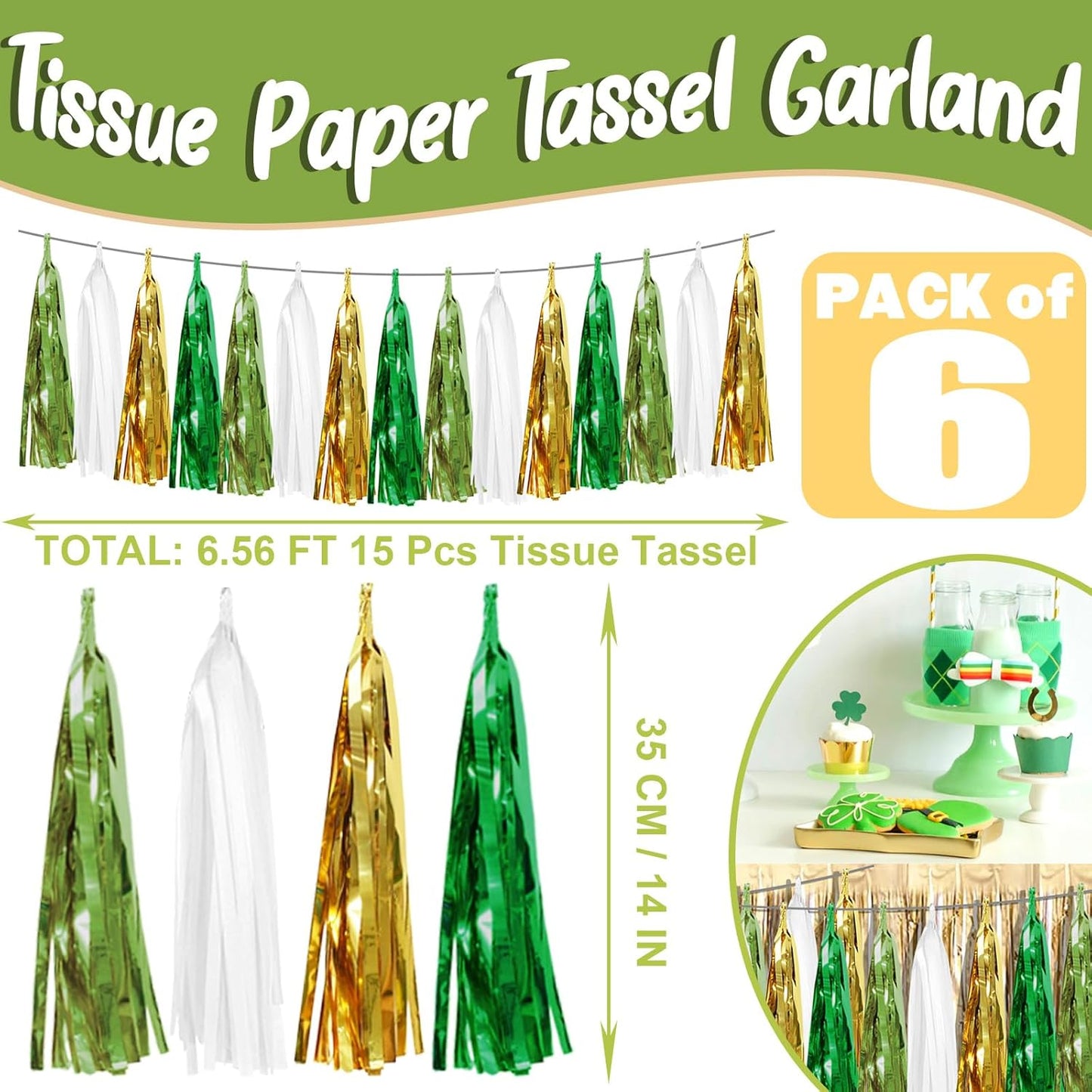 6P Sage-Green Beige-Mint Gold Foil Fringe Metallic Tassel Garland Banner, Tassels Banner Streamers for Parade Floats, Bachelorette, Wedding, Birthday, Christmas, Bridal/Baby Shower Party Decorations