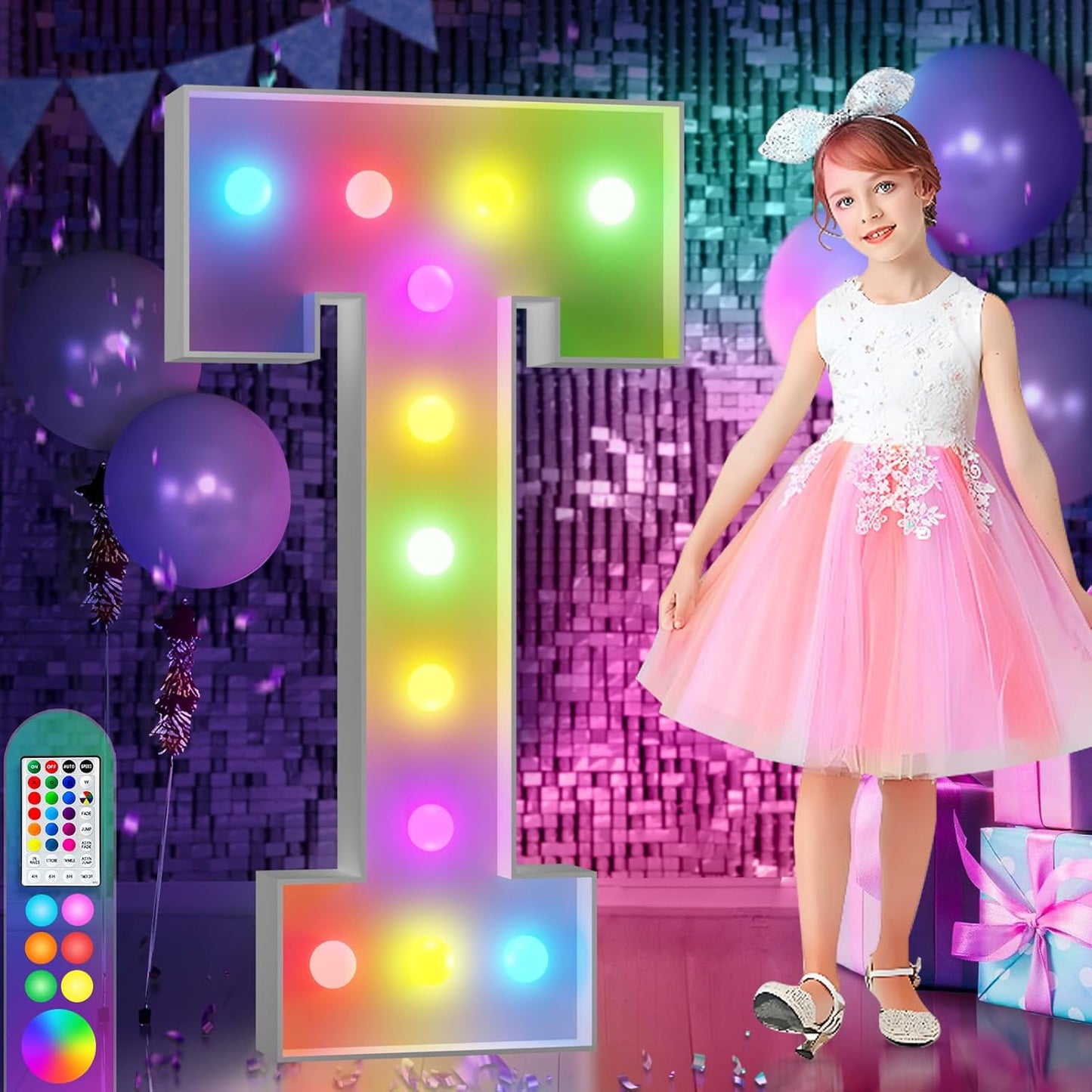 imprsv 4FT Colorful Marquee Light Up Letters T, 18 Colors Large Light up Letters Alphabet Sign with Remote, Large Marry Me Sign, Birthday Party Decorations Baby Shower Anniversary Wedding Decoration