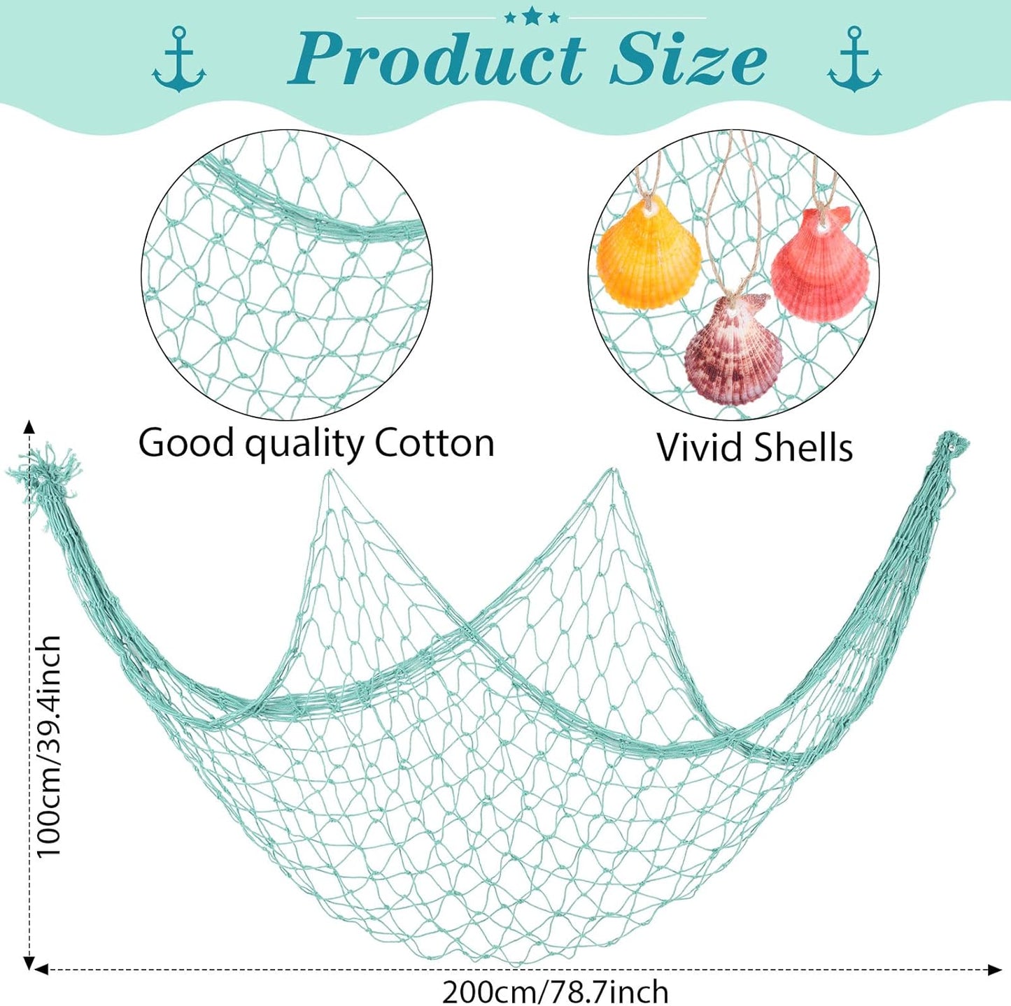 Marsui 11 Pcs Wooden Nautical Wall Decor Fishing Net Decorations, Include Decorative Fishing Net, Ship wheel, Fish Skeleton, Life Ring, Anchor, Starfish Beach Decor for Mediterranean Party (Teal)