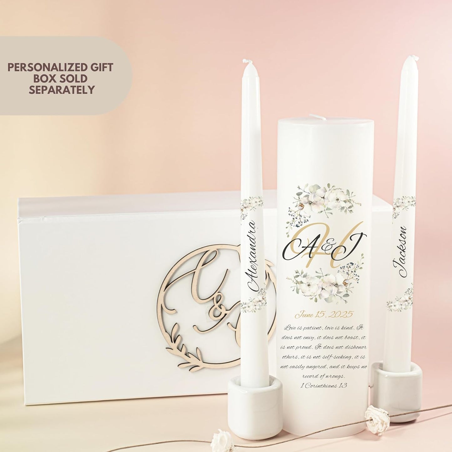 Unity Candles for Wedding, Modern Unity Set, Custom and Personalized Pillar and Taper Candles with Bible Quote, Unscented White Premium Wax, Religious and Wedding Ceremony, Special Events (Camellia)