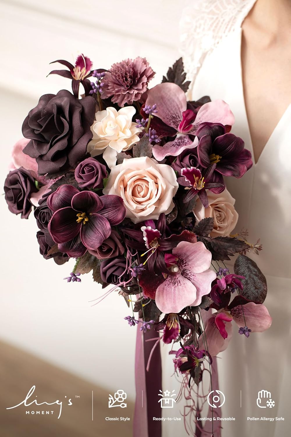 Ling's moment Purple Bridal Bouquet Cascading, Plum Wedding Bouquets for Bride, 13 Inch Bride Bouquets for Wedding Artificial Flowers Bouquets