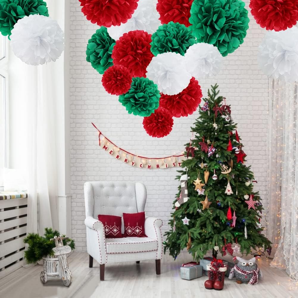Easy Joy 17Pcs Christmas New Year Hanging Decoration Red Green White Paper Pom Poms Flowers 6, 8,10 inch Hanging Paper Flowers Christmas Home Wedding Birthday Party Decorations