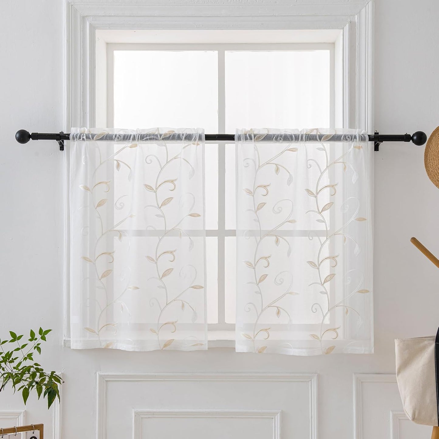 VISIONTEX White Sheer Voile Curtains, Decorative Leaves Embroidery Faux Linen Rod Pocket Window Drapes for Home Kitchen, Living Room and Bedroom 26 x 36 Inch, Set of 2 Curtain Panels