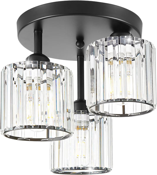Crystal Semi Flush Mount Ceiling Light, 3-Light Modern Close to Ceiling Light Fixtures, Black Kitchen Light Fixtures with Clear Crystal Shade, Hallway Light Fixtures for Hallway Bedroom Bathroom, E26