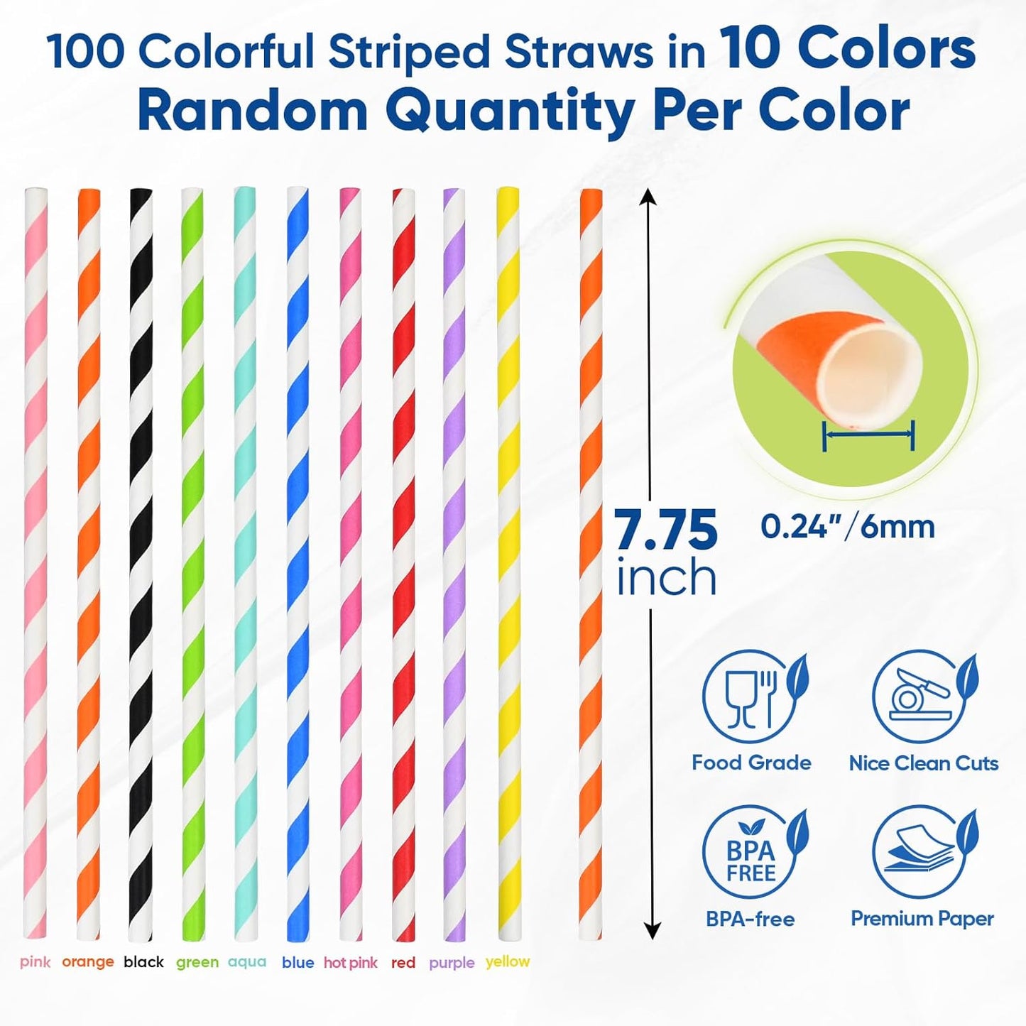 [100 Counts] 7.75 Inch Colorful Striped Disposable Paper Drinking Straws, 10 Assorted Colors, Compostable - for Cocktail, Party, Cake Pops, Crafts