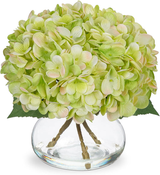 Hollyone Hydrangea Artificial Flowers with Glass Vase Green Silk Faux Flowers Arrangements in Vase with Faux Water Fake Floral Bulk Bouquet for Home Decor Table Centerpiece Decorations