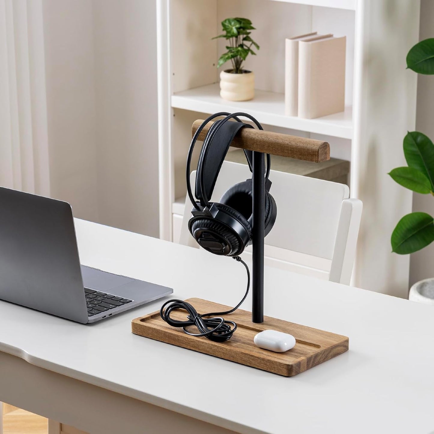 FARM IN Solid Acacia Wood Headphone Stand for Desk Rustic Headset Holder with Storage Base for Gaming and Office Accessories