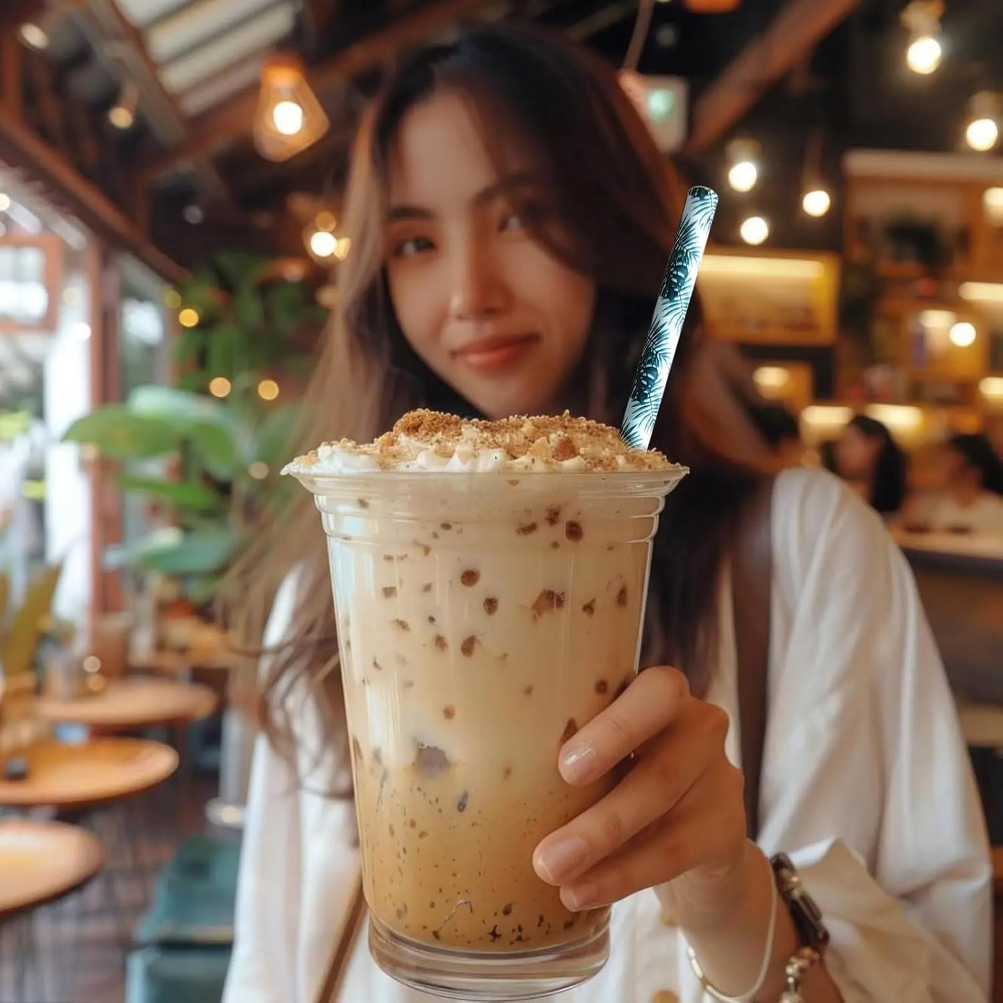 YAOSHENG [100 Pack] Pink & Gold Paper Straws Disposable, 100% Biodegradable Multi-Pattern Party Straws For Birthday, Wedding and Holiday Decoration (green leaf)