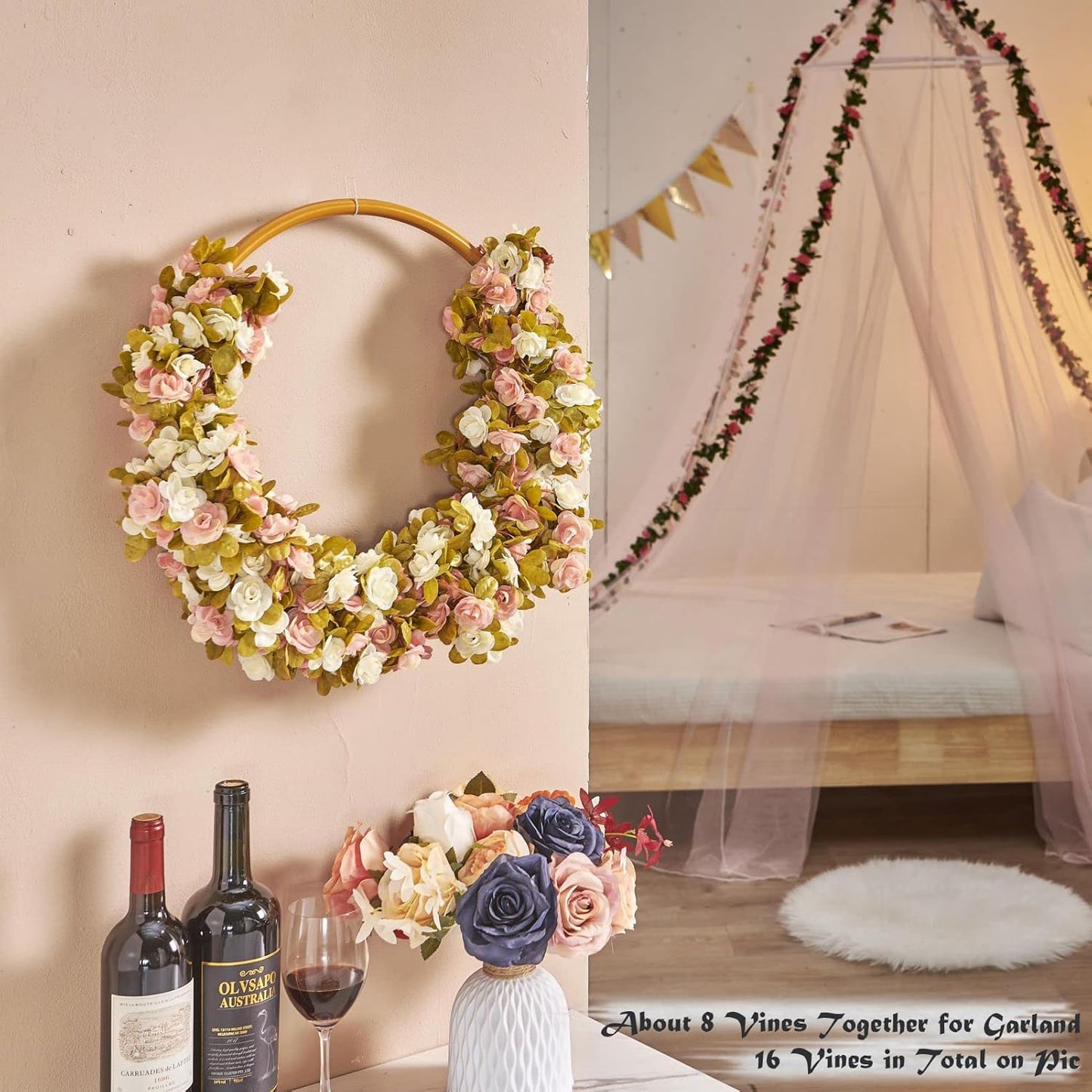 6 Pcs x 8.2 ft Flower Garland Artificial Rose Vine Flowers with Green Leaves Hanging Fake Roses Vine for Room Party Home Wedding Birthday Christmas Wall Arch Decor, Fall Pink Flower