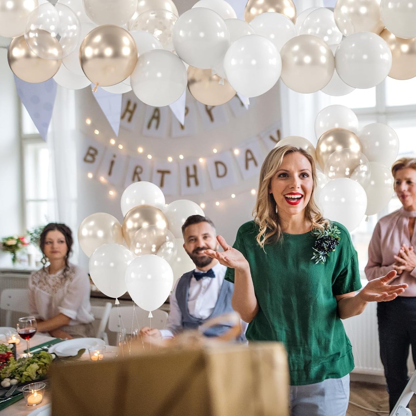 100pcs White and Gold Balloons - 12inch Sand White Metallic Champagne Gold Nude Pearl White & Clear Balloon for Baby showers, Wedding, Bachelorette, Graduation (with 66ft Ribbons)