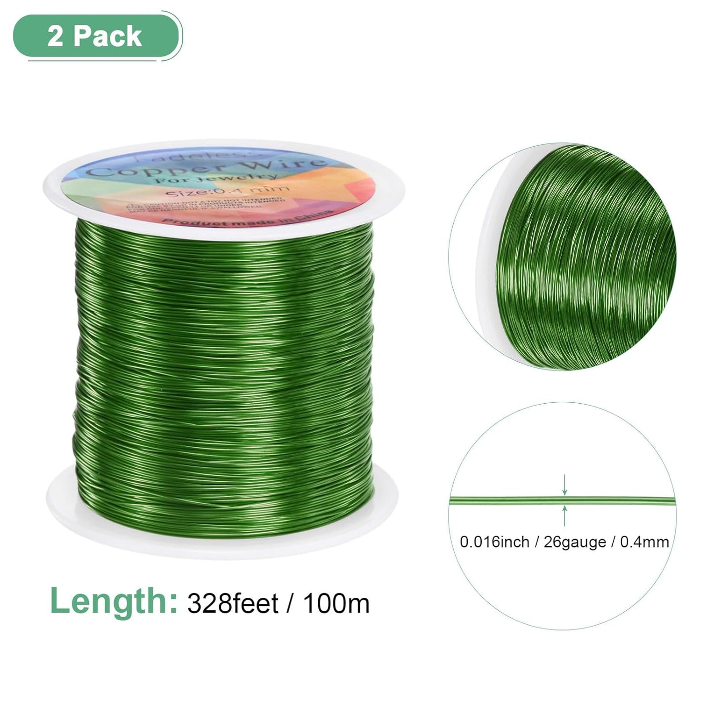 2-Rolls 0.4mm Jewelry Wire, 26 Gauge 328FT Craft Wire Copper Beading Wire for Jewelry Making/Planting/Weaving/DIY Crafting, Soft Metal Wires [100M, Green]