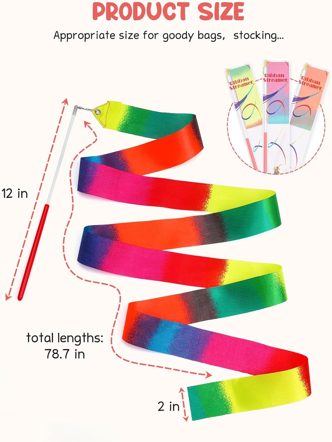 JoyCat 24 Pack Dance Ribbon Streamers,Rainbow Decorations,Goodie Bag Stuffers,Princess Party Favors,Encanto Rainbow Birthday Party Supplies,Classroom Gymnastics Wedding Ribbon