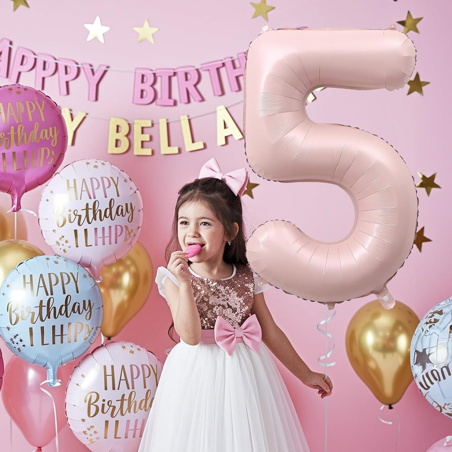 Light Pink Number Balloon 5, 40 Inch Large Self Inflating 5 Foil Number Balloons 0-9, Blush Pastel Pink Digital 5 Helium Balloon for Girls Women 5th Birthday Party Graduation Anniversary Decorations