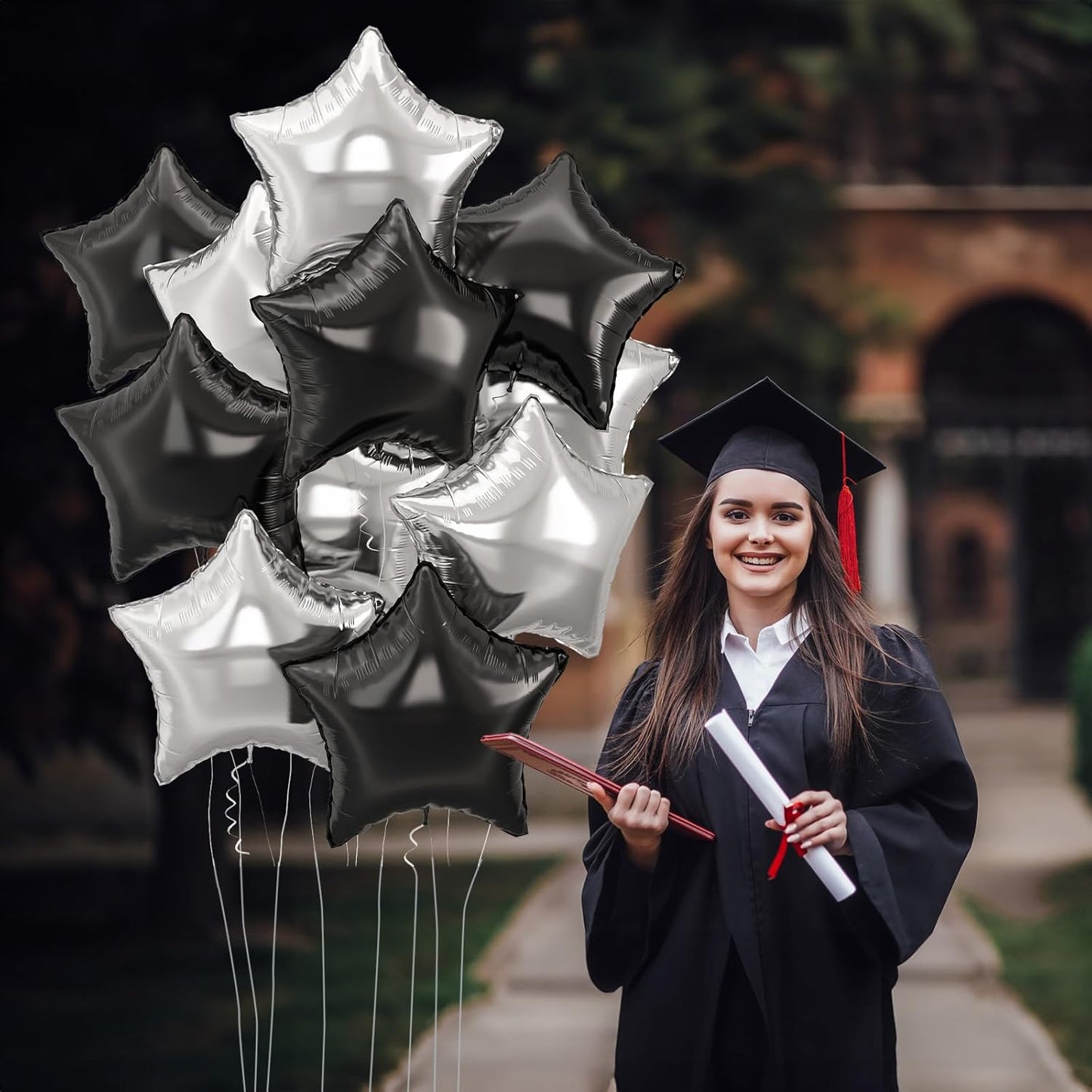 Black Silver Star Foil Balloons, 18 Inch Large Black and Metallic Silver Stars Shape Aluminum Foil Helium Balloon 10 Pcs Pentagram Balloons Party Decor for Birthday Graduation Retirement New Year