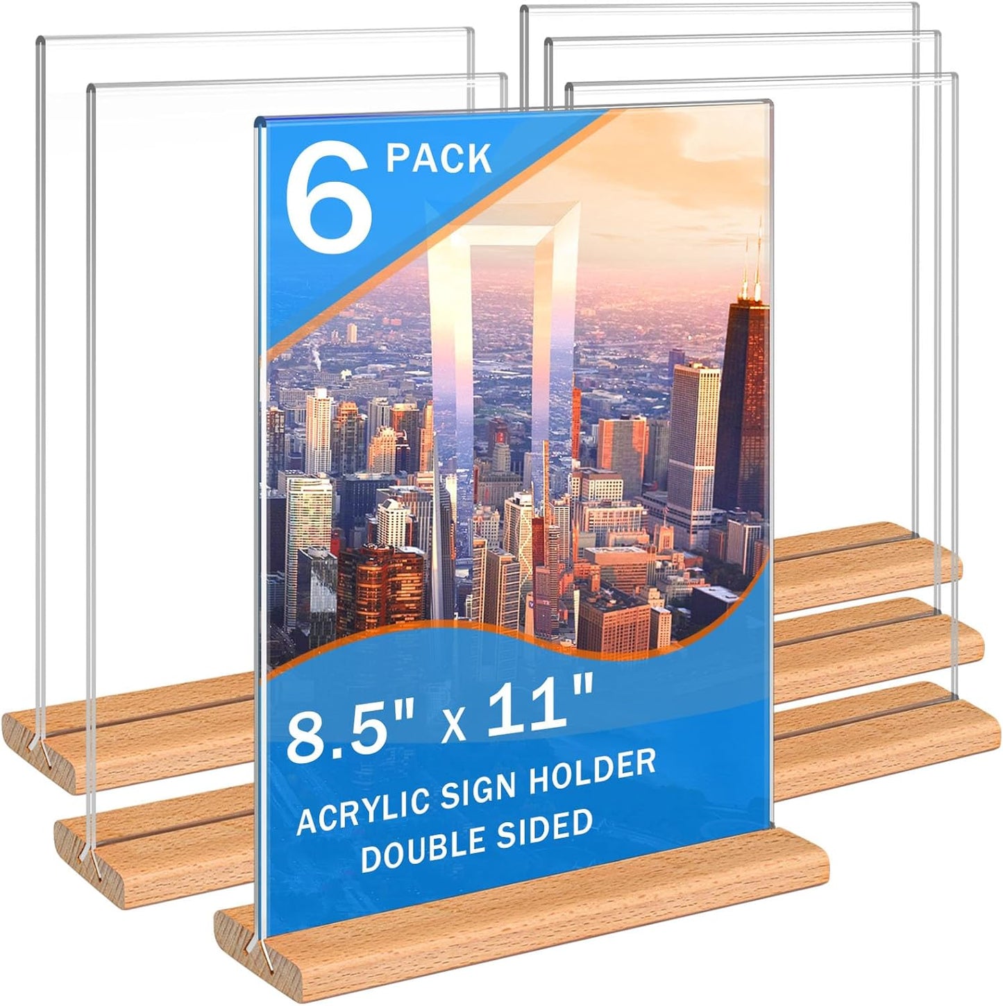 Kersally Acrylic Sign Holder 8.5 x 11, 6 Pack Double-Sided Clear Table Display Stands with Wood Base,Vertical Acrylic Frame Menu Flyer Paper Holder for Stores, Restaurants, Hotels, Office, Show Fair