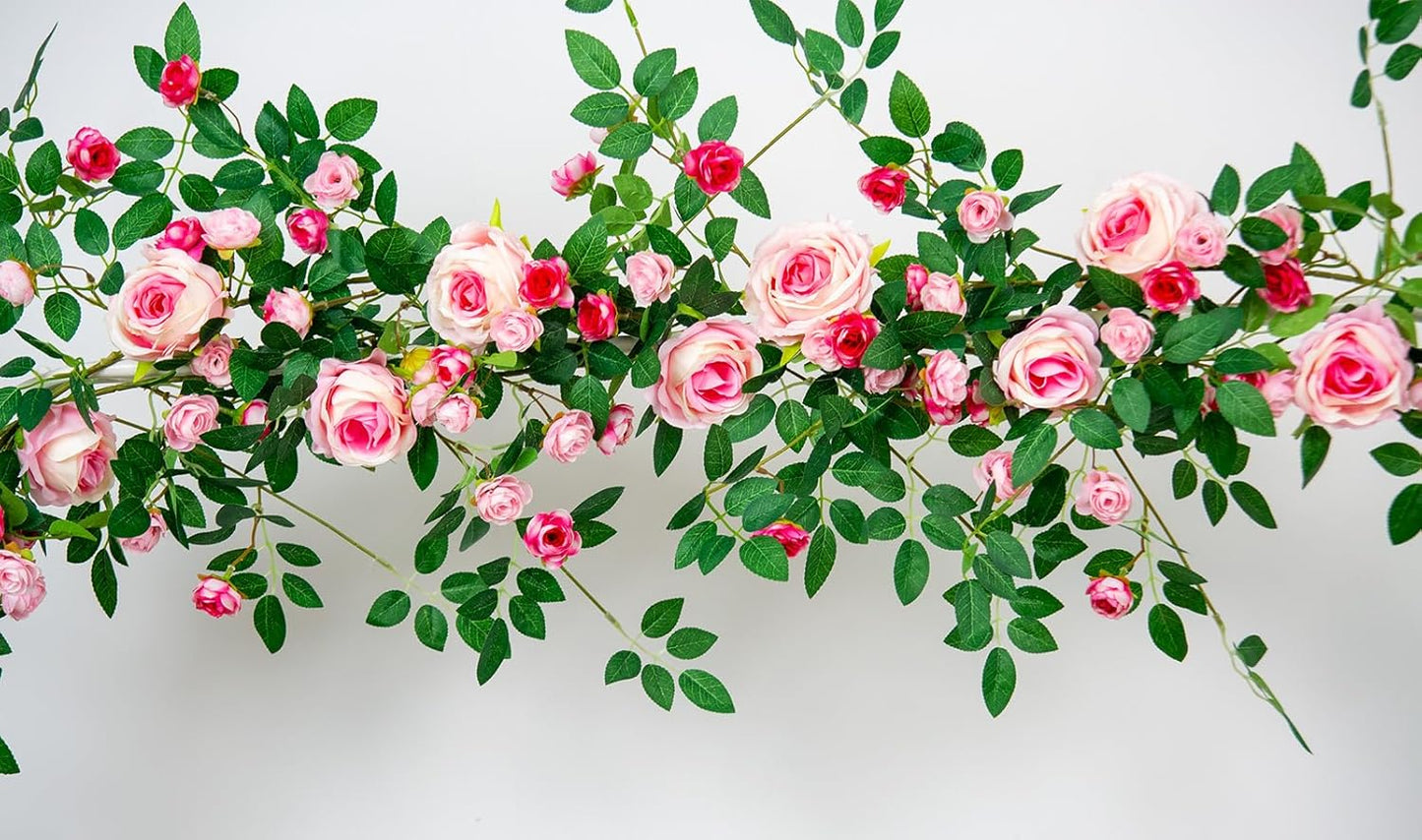 6FT Pink Flower Garland Artificial Rose Vines Hanging Floral Garland for Home Decor Wall Trellis Fence Wall Decoration (Pink, 1pcs)