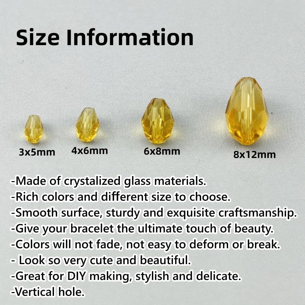 200pcs 3x5mm Teardrop Crystal Glass Beads for Jewelry Making, Faceted Vertical Hole Teardrop Glass Spacer Beads for Wind Chimes Bracelet Earring Necklace DIY Craft(Light Yellow)