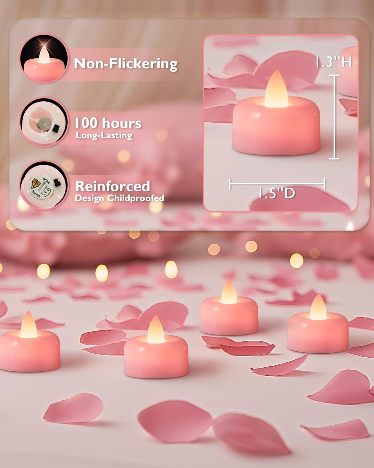 Amagic 24 Pack Pink Flameless LED Tea Lights Candles Battery Operated, Electric Fake Tealight Candles for Votive, Wedding, Table Centerpiece, Theme Party, Aniversary, Proposal, Christmas, Pink Base