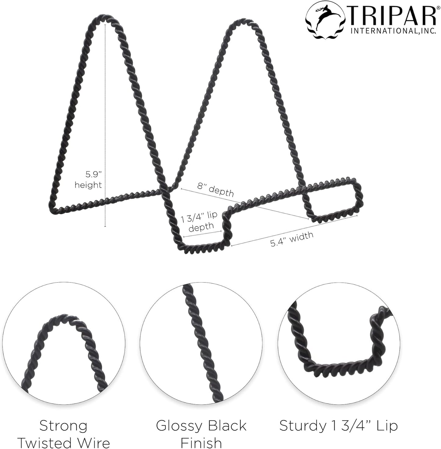 Tripar Decorative Twisted Wire Stand, Black Display (6 Inch Depth) Tabletop Easel Sleek & Modern Look - Perfect for Books, Plates, Photos & More