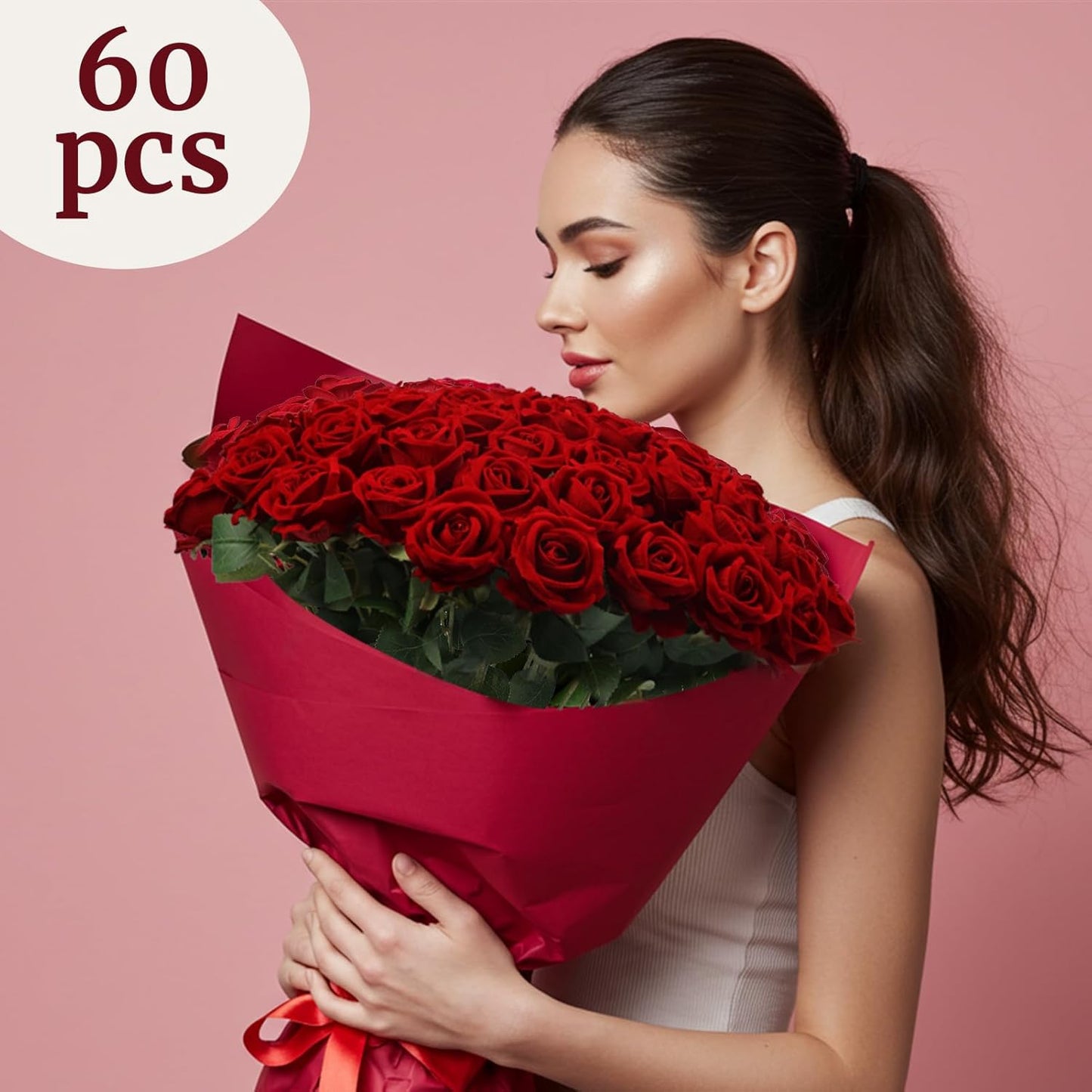 60Pcs Red Roses Artificial Flowers, Velvet Silk Faux Roses, Realistic Red Flowers for Wedding Centerpieces, Cake, Bridal Bouquets, Home Decor, Anniversary, Valentine's Day Decorations