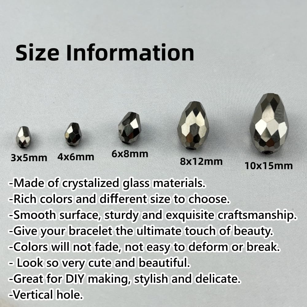 150pcs 4x6mm Teardrop Crystal Glass Beads for Jewelry Making, Faceted Vertical Hole Teardrop Glass Spacer Beads for Wind Chimes Bracelet Earring Necklace DIY Craft(Silver)
