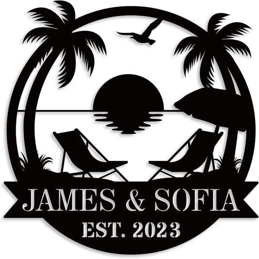 Personalized Beach Metal Monogram Sign, Custom Palm Trees Sign, Outdoor Metal Family Name Sign, Custom Last Name Sign, Beach Coastal House Decor