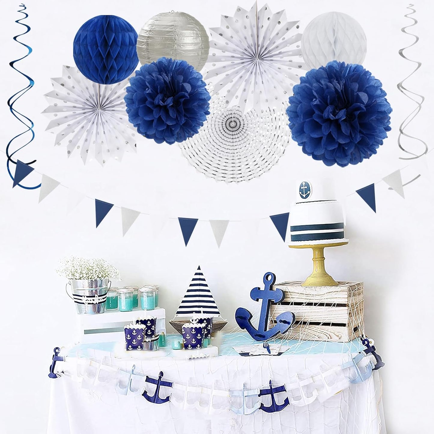 Navy-Blue White Silver Party-Decorations - 20pcs Graduation Paper Lanterns Fans,Tissue Pom Poms,Honeycomb Balls,Bunting,Birthday Bridal Bachelorette Christmas Baby Shower Wedding Decor Burgleda