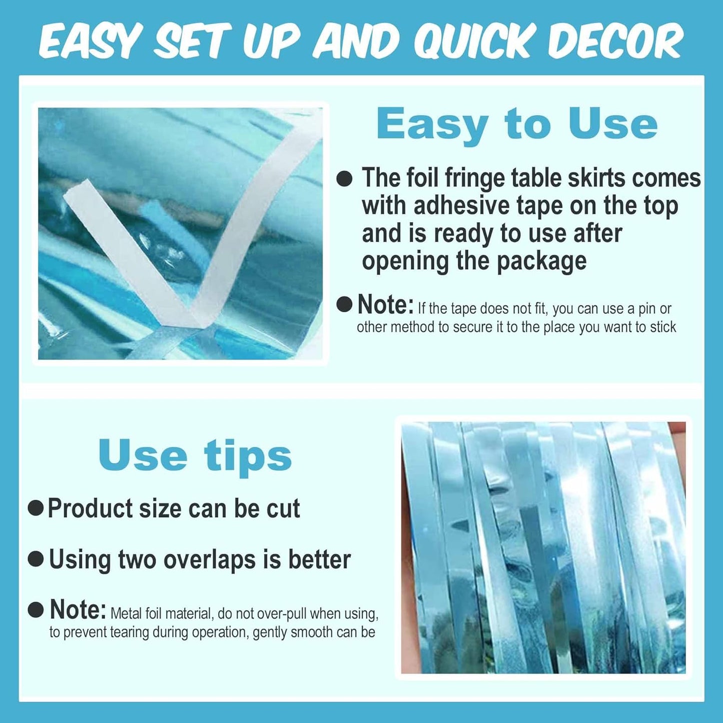 3 Pack 29 x108 Inch Light Blue Foil Fringe Table Skirts Metallic Banner for Tinsel Streamer Garland Backdrop for Parade Floats Mother's Day, Graduate, Birthday, Wedding Party Decoration