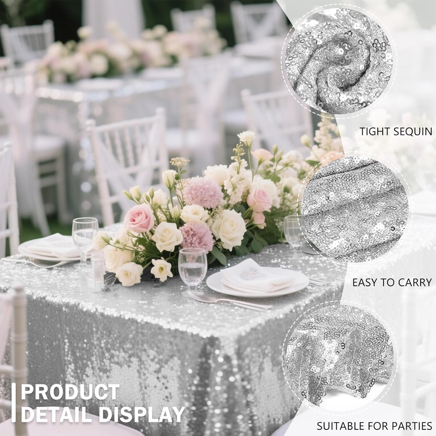 OQSQ Silver Sequins Tablecloth 60x102 inch, Sparkly Glitter Table Cover for Wedding Birthday Party Prom Decorations